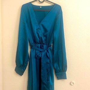 Long teal satin dress